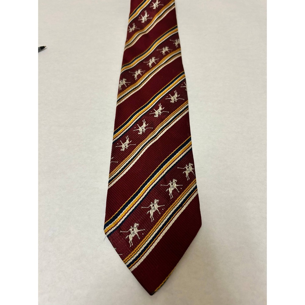 Polo Ralph Lauren Necktie Mens Vintage Red Striped Polo Horse Print‎ 100% Slik